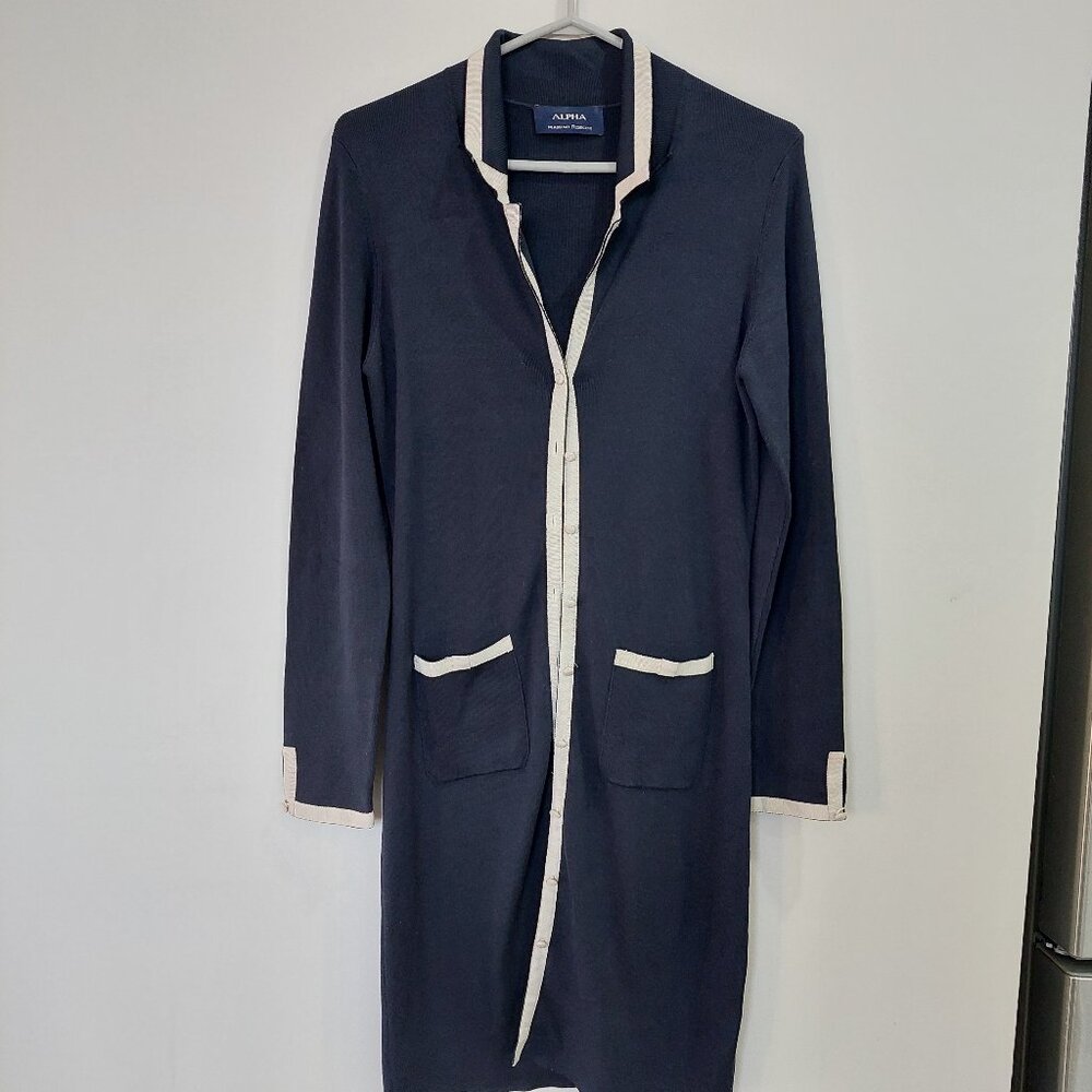 Alpha Massimo Rebecchi Navy Silk Cardigan Sweater Dress Cream Trim EU46 US 10